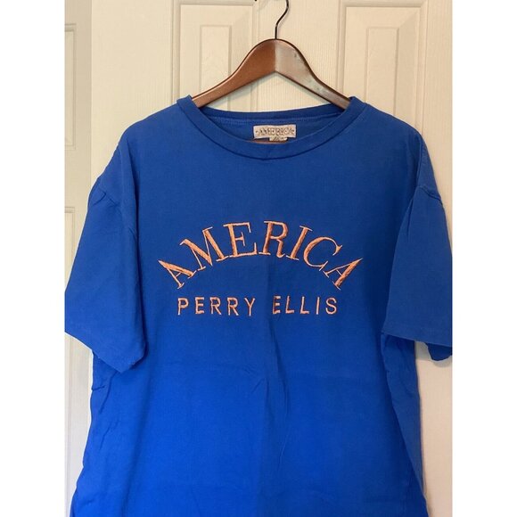 Perry Ellis America Blue S/S T-Shirt Men's Size XXL Orange Spell-out - Picture 3 of 8